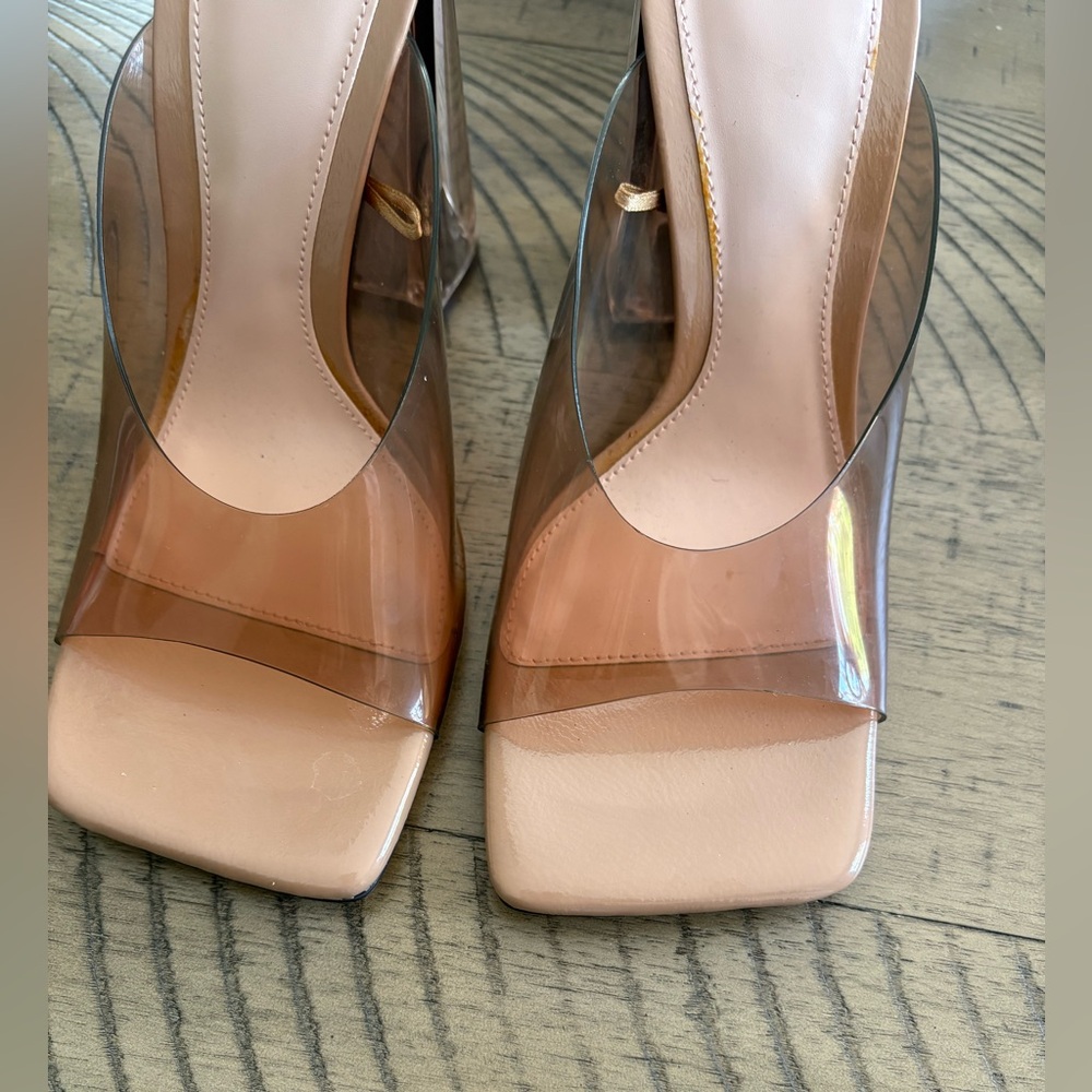 NEW Brown and Tan Zara Square Toe Transparent Block Heels - Picture 3 of 5